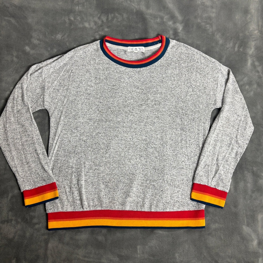 Pink Rose Women's Large Gray Rainbow Stripe Trim Ringer Sweatshirt Retro 70s